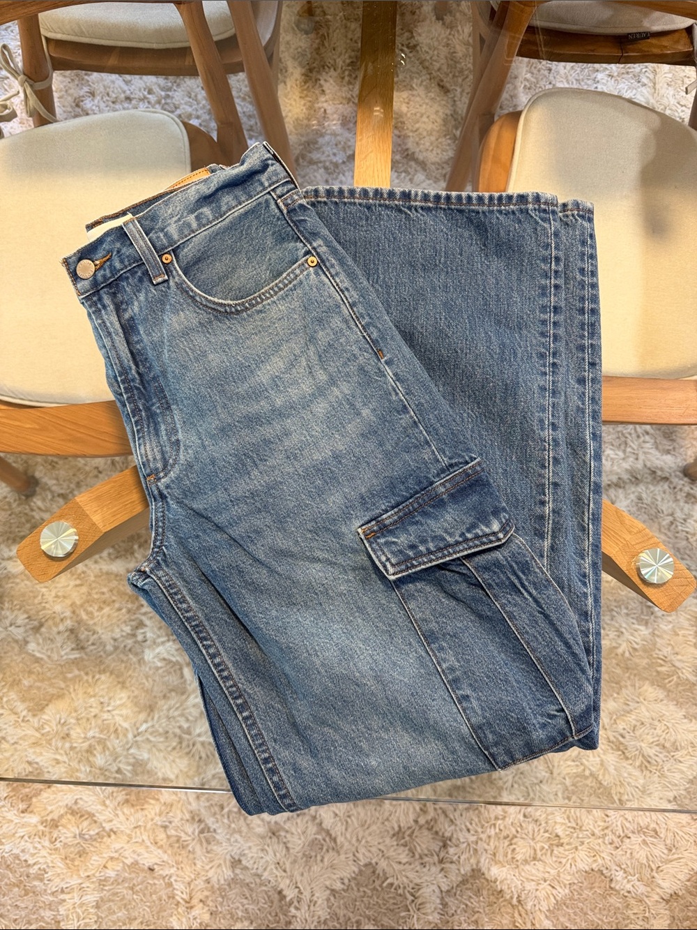Aritzia Denim Forum Women's The Farrah High-Rise Blue Cargo Denim Jeans